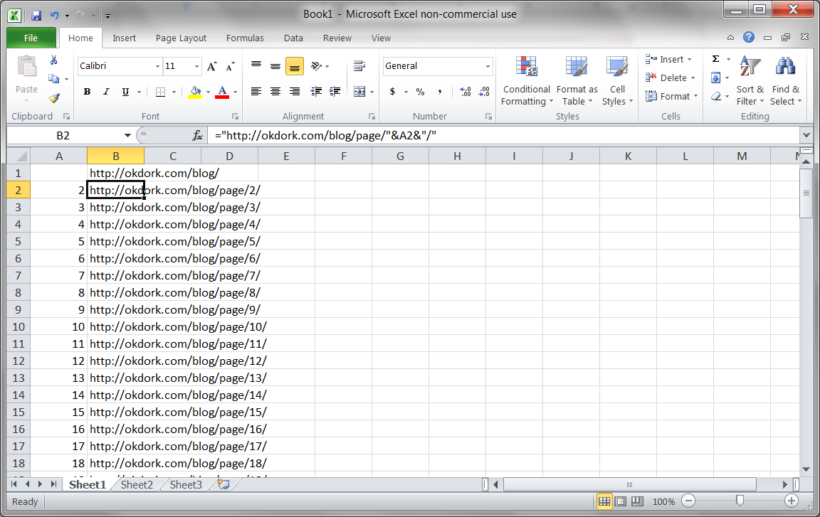 Using Excel to create a list of archive page URLs